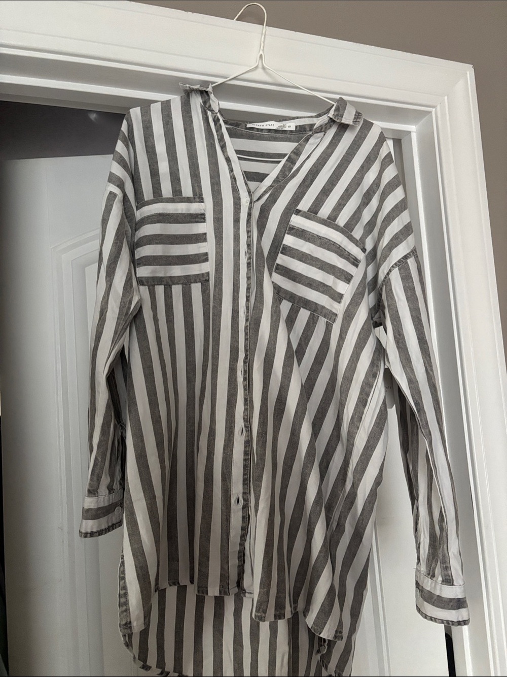 Altar'd State Gray and White Striped Button-Down Tunic